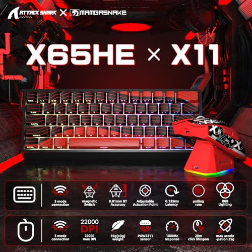 MAMBASNAKE x Attack Shark X60HE Klawiatura Bezprzewodowa Rapid Trigger i Mysz do Gier X11 z Kablem Spiralnym 8K, Magnetic Switch 0,01mm RT, RGB QWERTY, Mysz Sensorowa PAW3311 22K DPI - Czerwona