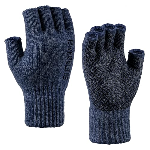 Riverruns Wool Fingerless Gloves for Men Women, Anti-Slip with Grip Print, Thermal & Soft Winter Fingerless Knitted Gloves for Cold Weather, Hunting Fishing Hiking Kayaking (Blue, L/XL)