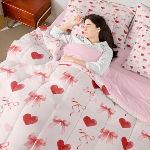 Image of Erosebridal Coquette Bow 7 Piece Comforter Set Twin Love Heart Bed in A Bag Ribbons Pink Valentine Bedding Sets for Kids Girls Bowknot Bow Tie Princess Sheet Set with Comforter