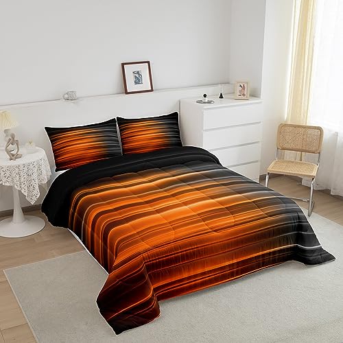 Image of Feelyou Orange and Gray Striped Bedding Set Full, Geometric Abstract Ombre Comforter with Gradient Lines, 3Pcs Duvet Set for Kids, Black Stripes