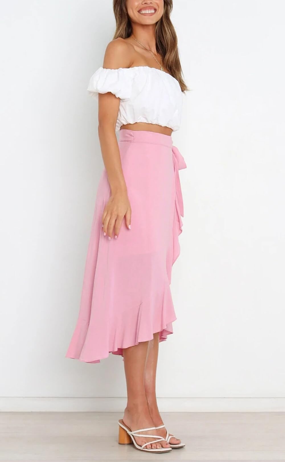 FEOYA Faldas largas de cintura alta para mujer, con lazo cruzado, dobladillo con volantes, estilo casual, para verano, playa