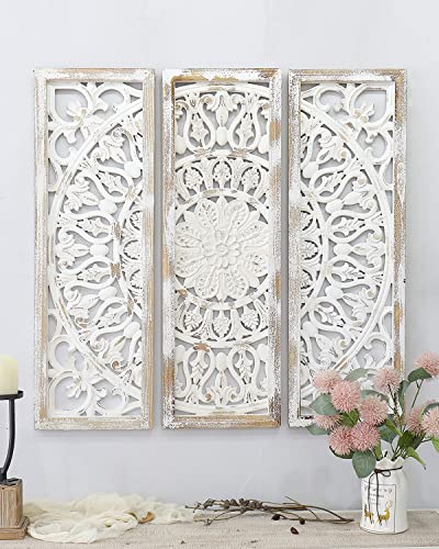 Casolly Carved Wood Wall Decor,Floral-Patterned Wooden Panels (Set Of 3),Decorative Carved Wall Sculpture,39"X36"X1" #TOP1