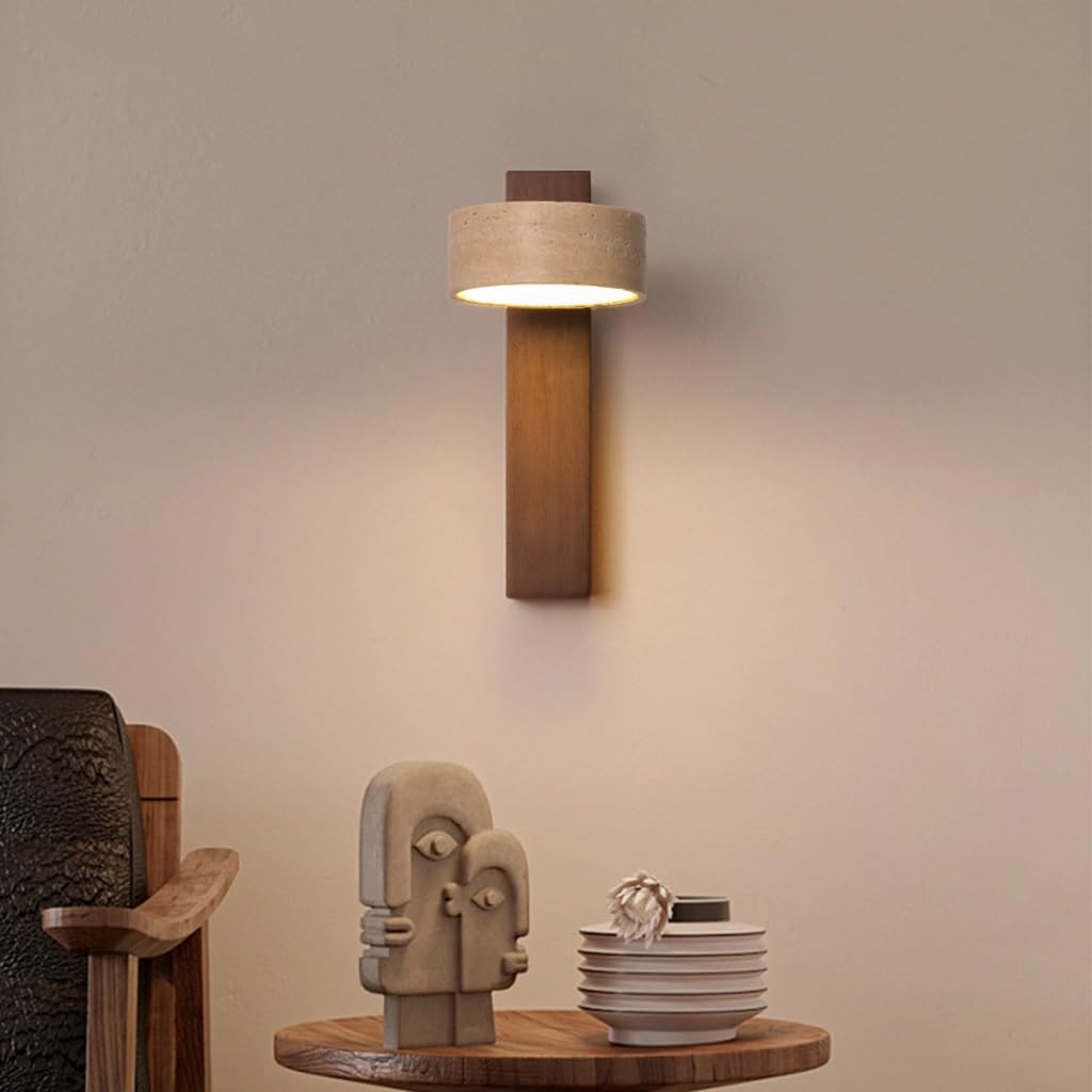 YUPIN Natural Travertine Wall Lamp Wabi-sabi Bedside Stone Wall Light with Pull Cord Switch LED Creative Lampshade 180° Adjustable Wooden Wall Sconce for Bedroom Living Room Corridor(Walnut,A)