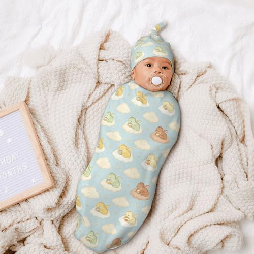 Image of Dragon Print Newborn Baby Swaddle Blanket Cloud Moon Star Baby Stuff,with Beanie hat Sets, Soft Gifts for Unisex Boys Girls Shower Infant