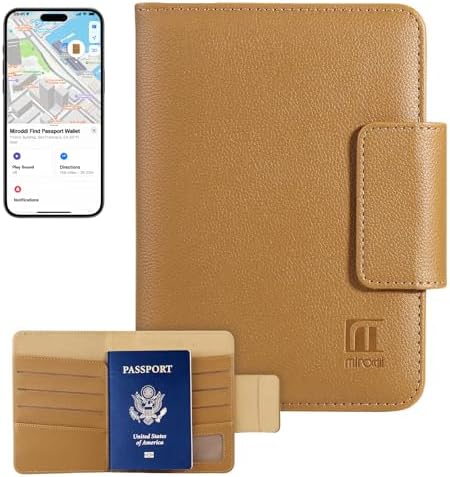 Miroddi Passport Holder for Travel, Works with Find My, Premium Leather Passport Wallet Card Holder for Men and Women, Trackable Passport Cover Case with 8 Card Slots, RFID Blocking, ID Window, Brown
