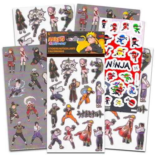 Naruto Stickers Set - 4 Sheets Deluxe Shippuden Party Favors for Decorations with Ninjas | 60+ Naruto Anime Stickers Bundle