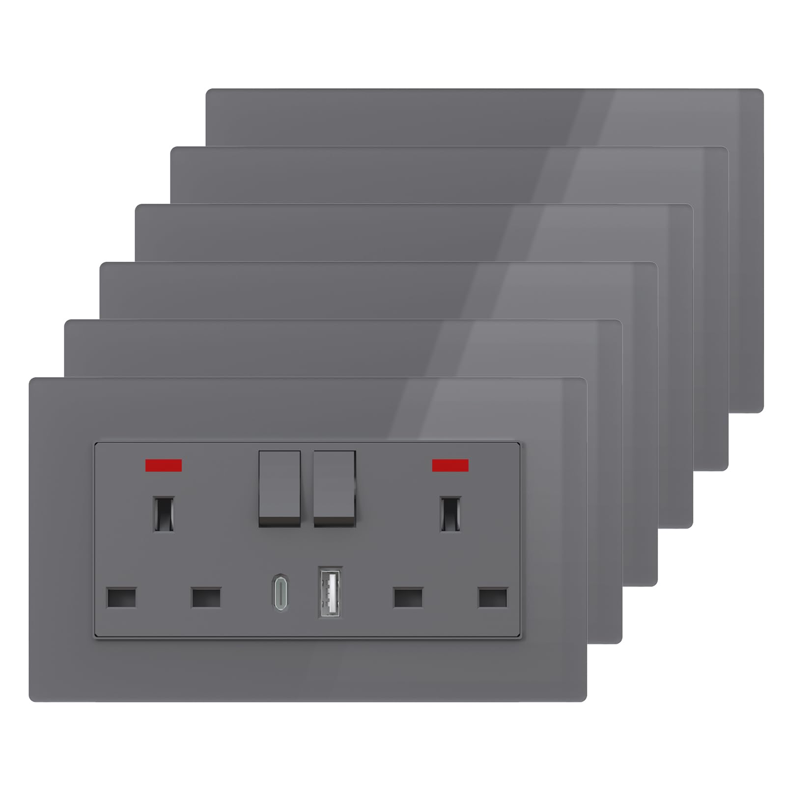 BSEED Double Plug Socket with USB C and USB A,UK Standard Electric Power,Save Space,2 Gang-6 Pack,146mm Grey