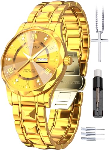 OCHSTIN Watch for Men Luxury Diamond Analog Quartz Dress Watches Stainless Steel Luminous Men Watches with Date Roman Arabic Numerals Dial Gold Watch for Men