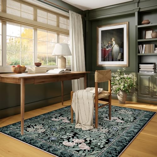 Image of Washable Area Rugs 4x6 Black Green Vintage Floral Botanical Pattern,Perfect for Living Room, Bedroom, Kids Room, Nursery - Stain & Water Resistant Non-Slip, Pet & Child Friendly /Bedroom Decor