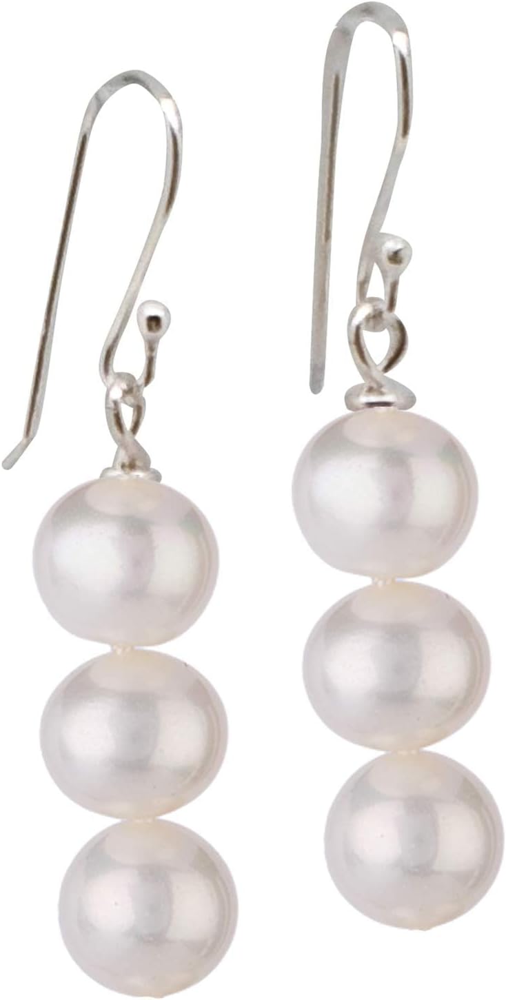 Women's Handmade Natural Gemstone Triple Beads 925 Sterling Silver Dangle Drop Earrings - Tiger's Eye, Amethyst, Pearl, Green Jade, Turquoise, Agate Earrings