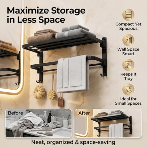 Image of Well Set Stainless Steel Foldable Towel Rack for Bathroom | Wall Mounted Towel Holder with Shelf | Durable Rust-Free Space Saving Bathroom Accessory