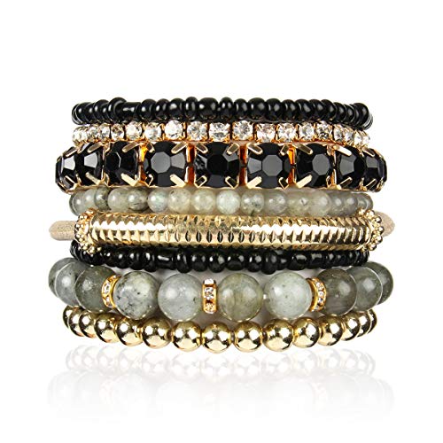 Multi Color Stretch Beaded Stackable Bracelets - Layering Bead Strand Statement Bangles (Natural Stone - Labradorite, 8)
