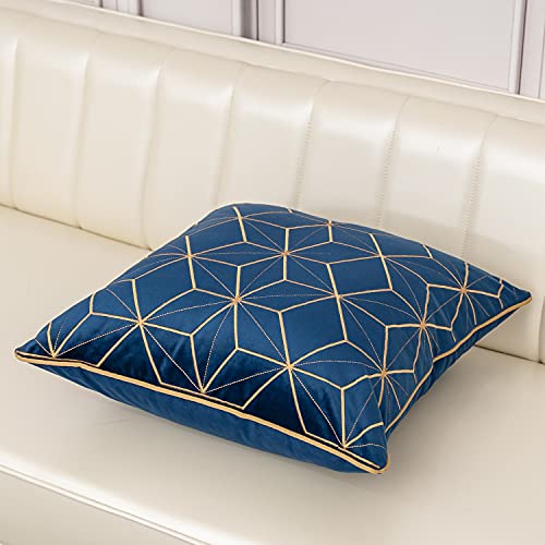 Aeckself 20 X 20 Inch Navy Blue Gold Plaid Geometric Lines Embroidery Velvet Cushion Case Luxury Modern Square Throw Pillow Cover Decorative Pillow For Couch Living Room Bedroom Car 50 X 50Cm #TOP2