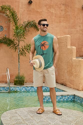Image of Mens Tank Tops Summer Beach Vacation Sleeveless Shirts Hawaiian Palm Tree Print Soft Tops