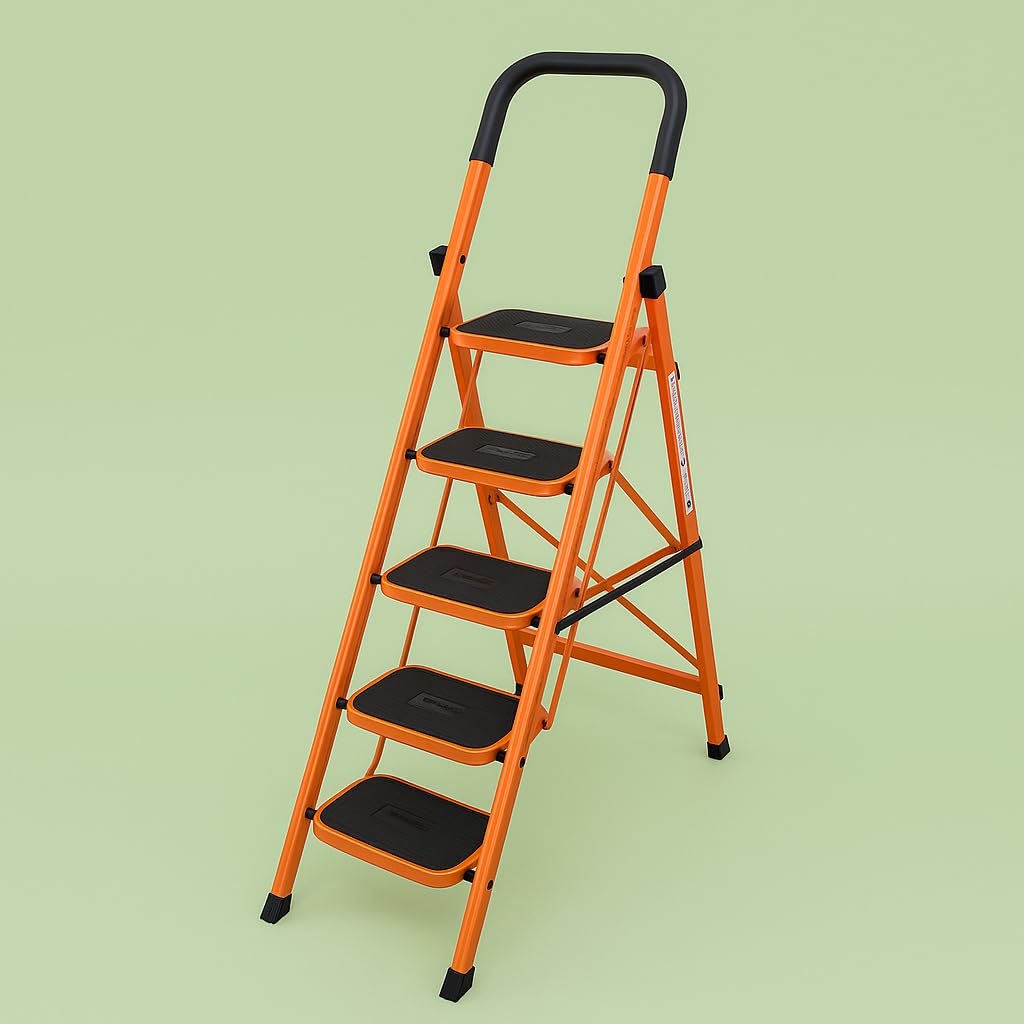 BonKaso Premium Alloy Steel Heavy Duty Multipurpose Foldable 5 Step Ladder with Connecting Frame & Belt Support, Load Capacity Upto 120kg for Home and Outdoor - (Orange) — Amazon image 2