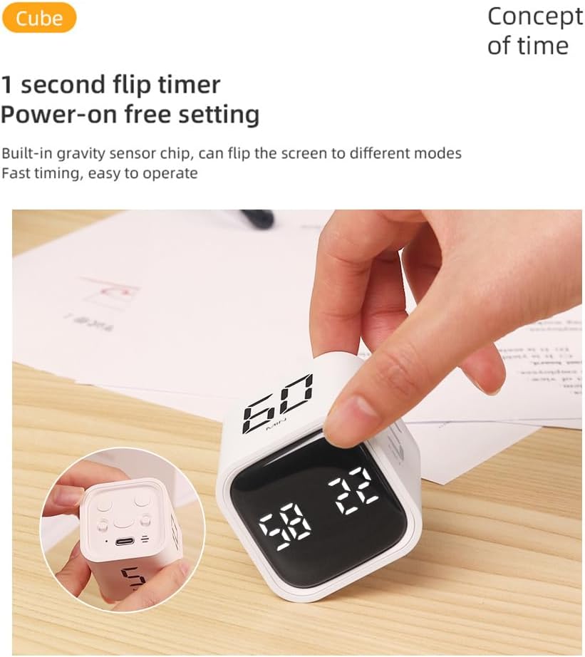 Hand holding white cube timer with '60 MIN' facing up, showing '58 22' on display
