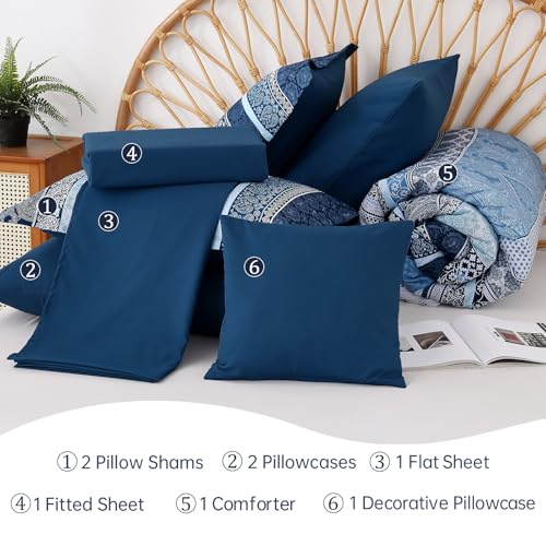 Image of Boho Comforter Set Queen Size,8 Pieces Navy Blue Bohemian Striped Bed in a Bag,Paisley Soft Microfiber Bedding Comforter Set