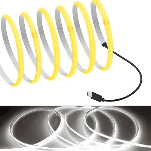 MDee】Type C COB Tape Light LED Strip 1.64ft/0.5m- Flexible 5mm Hidden DC 5V LED Tape with 320 LEDs/m for White (6000K) Lighting. Cuttable, Shapeable, Type C Powered. Ideal for Kitchen