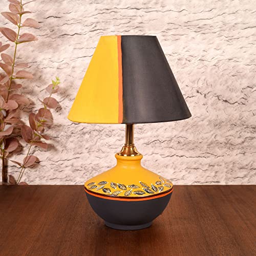 Image of AAKRITI ART CREATIONS Terracotta Table Lamp for Study Room, Bedroom & Living Room Decoration | Floral Dual Tone Contemporary Bedside Lamp with Cotton Fabric Shade | Aesthetic Night Lamp