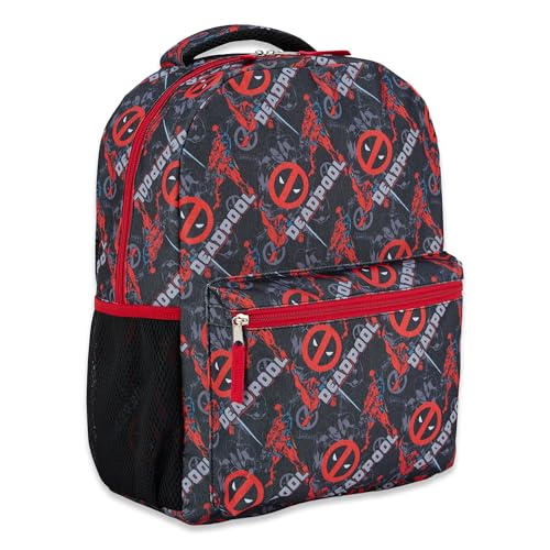 Marvel Mochila escolar de quadrinhos – Homem-Aranha Vingadores Capitão América, Homem de Ferro, Hulk, Impressão total para meninos, Deadpool preto, 18 inches (H) x 13 inches (W) x 6 inches (D