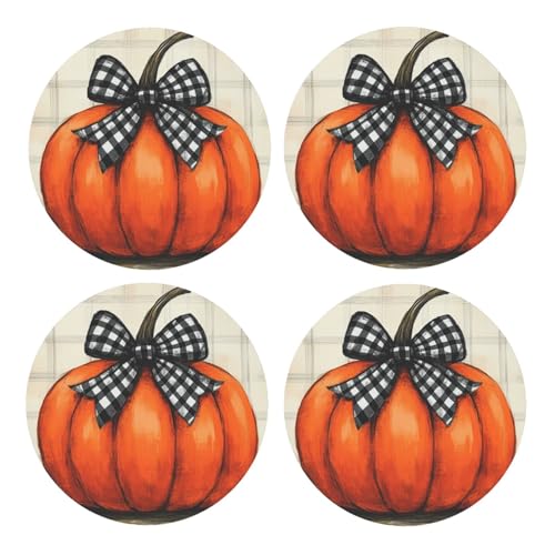 BoltPack Posavasos redondos con base de corcho con estampado de calabaza, color naranja, juego de 4 posavasos, alfombrilla de protección de mesa para tazas y tazas