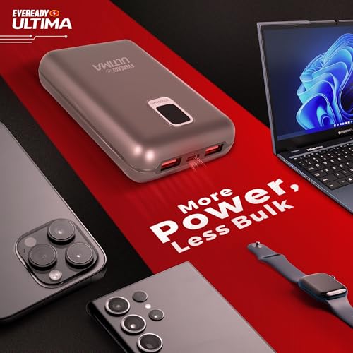 Image of Eveready Ultima Power Bank PB 21, 20,000mAh, 22.5W Fast Charging, Dual Output, USB-C & USB-A, Overcharging Protection, Compatible with iPhone, Android & Qi Devices, Includes Cable & Warranty, Grey
