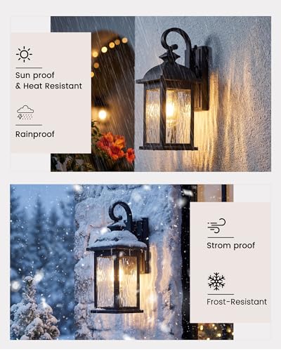Image of FEMILA Dusk to Dawn Exterior Wall Sconce, 15 inch Front Porch Light Fixtures Wall Mount for Patio, Garage, Garden, UL Listed, Matte Black Water Ripple Glass, 4FD54B-PC BK-WP