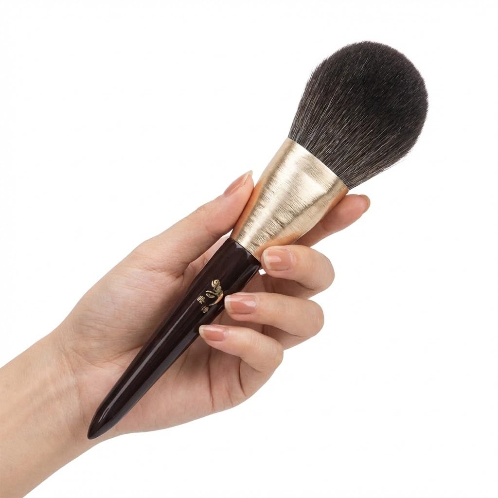 Gesa Flower Premium Powder Brush - Natural Wood Handle & Gold Anodized Aluminum Ferrule for Loose & Pressed Powder, Vegan Cruelty-Free Makeup Brush