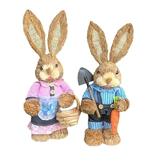 Figurines de lapins de Pâques en paille décoratives pour table de printemps
