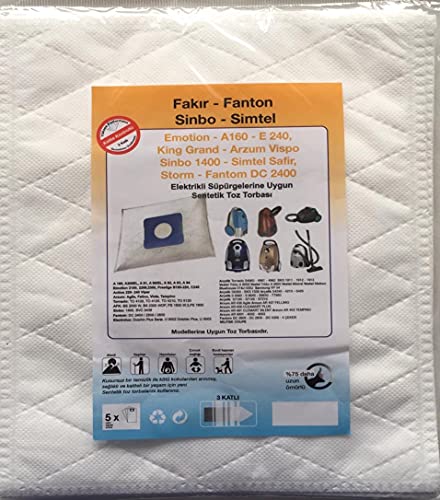Fakir, Fantom, Sinbo ve Simtel Uyumlu Elektrikli Süpürge Sentetik Toz Torbası, 5 Adet