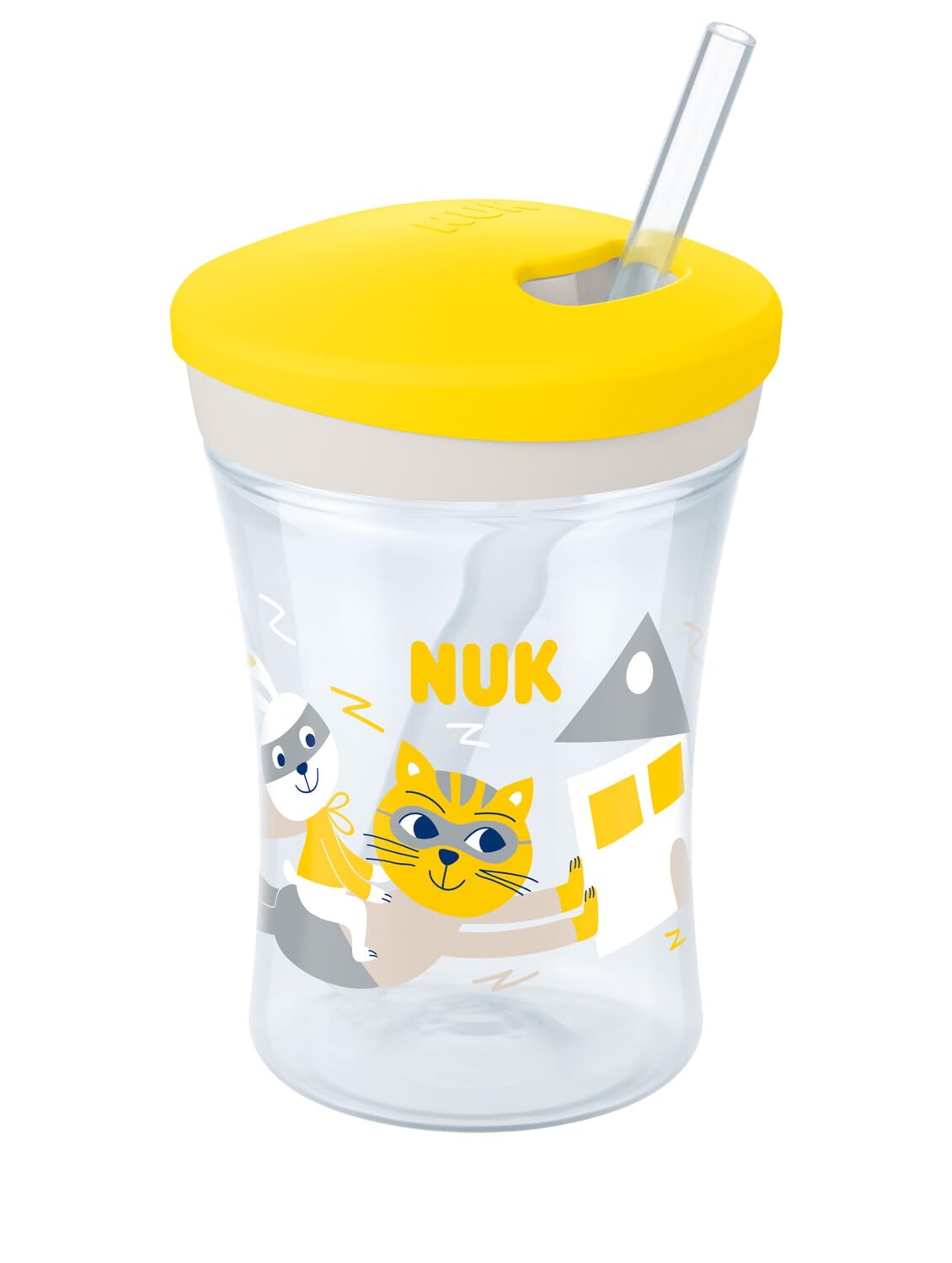 Kubek dla malucha NUK Action Cup | Od 12 miesiąca | Zakręcany, z miękką słomką | Szczelny | Nie zawiera BPA | 230 ml | Kot (żółty)