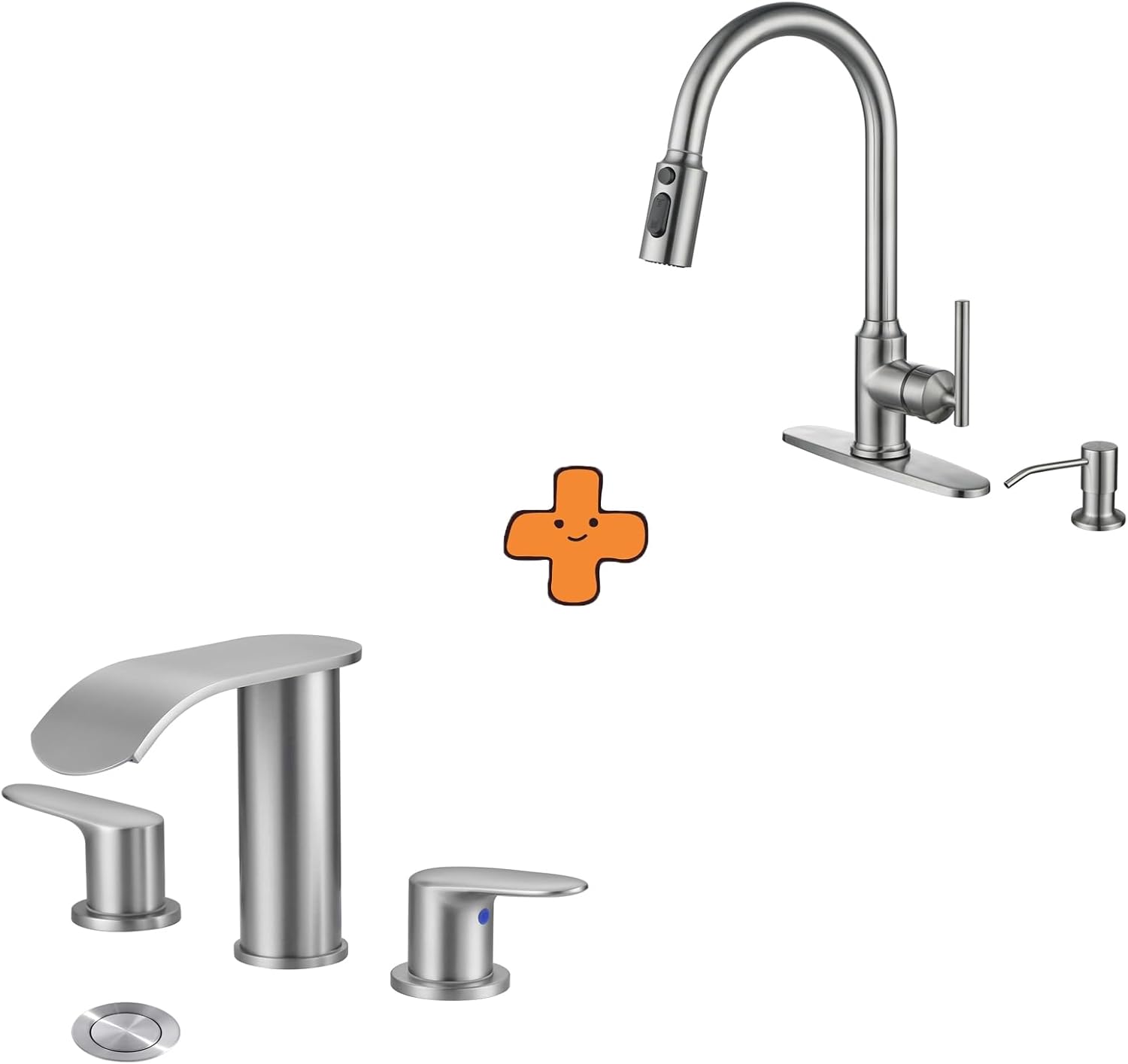 WOWOW Waterfall Bathroom Faucet 3 Holes 8 Inch Widespread Bathroom Sink Faucet and Kitchen Faucets with Pull Down Sprayer, Brushed Nickel Kitchen Faucet with Sprayer