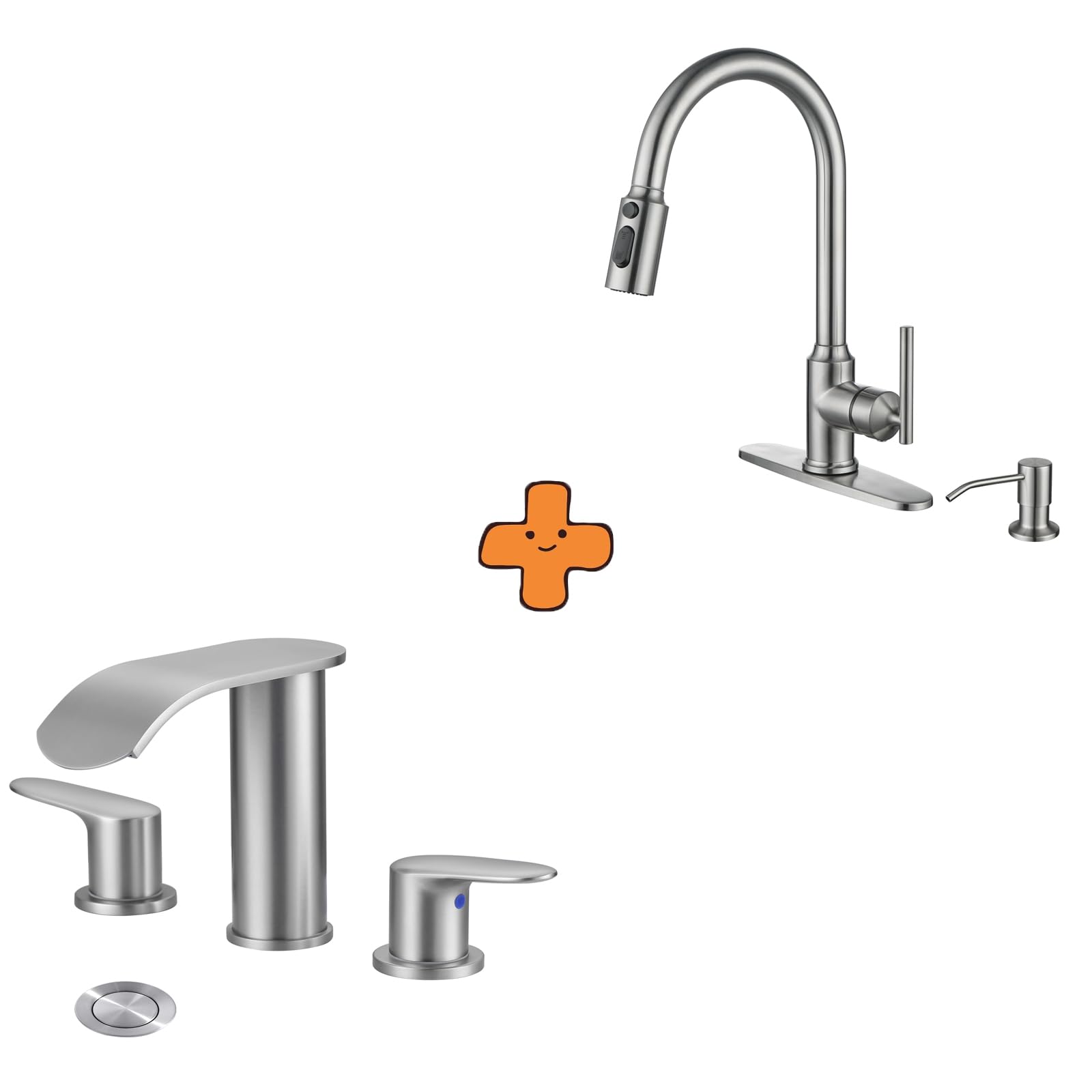 Jnfidosr Red/Blue/Black Waterfall Bathroom Faucet 3 Holes 8 Inch Widespread Bathroom Sink Faucet And Kitchen Faucets With Pull Down Sprayer, Brushed Nickel Kitchen Faucet With Sprayer