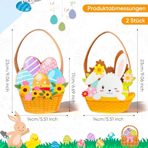 2 Stück Osterkörbchen mit 3D Hasen & Eier Motiv, Osterkörbe & Osternester zum Befüllen für Jungen & Mädchen, Easter Basket Geschenkideen & Deko, Filztasche Ostern für Eiersuche