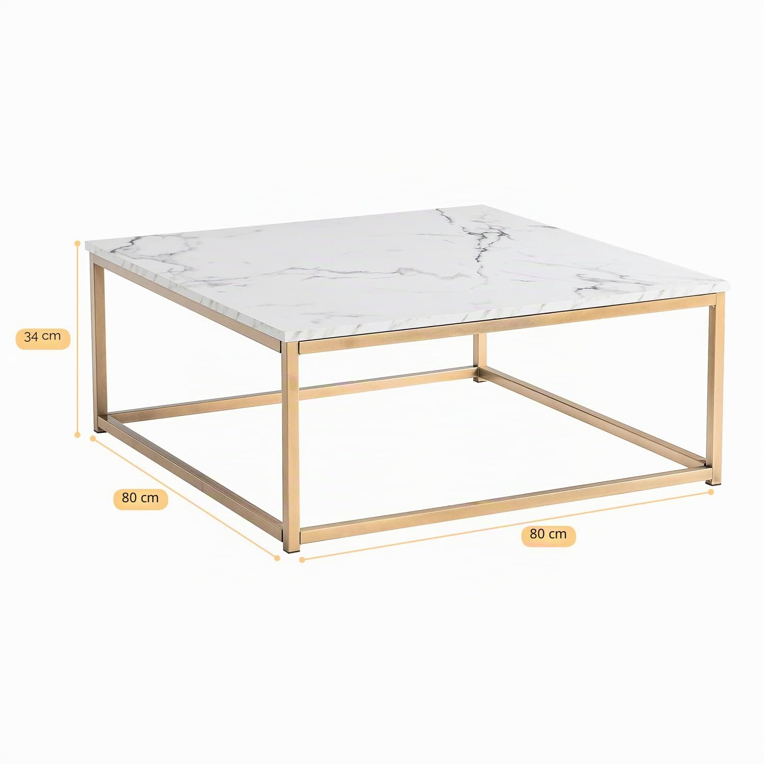 MEUBLE COSY Mesa de Centro Mesitas Salón para el café Sofá Mármol de imitación, Estructura de Metal, Estilo Industrial, 80x80x34cm, Blanco y Dorado
