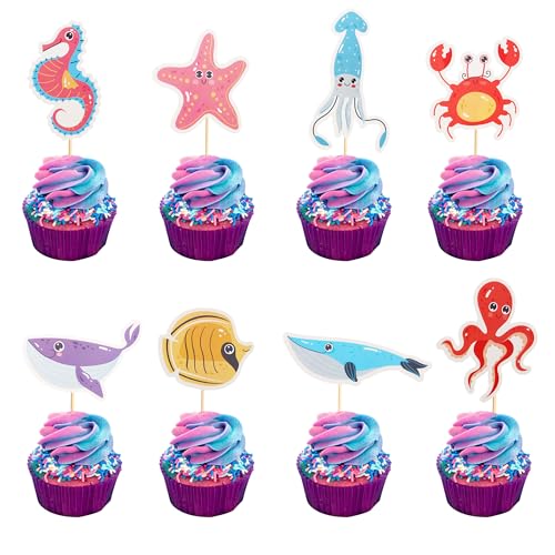 Arthsdite 24Pcs Ocean Animal Cupcake Toppers Under the Sea Octopus Dolphin Starfish Cupcake Picks Seahorse Crab Cake Decorations for Under the Sea Theme Baby Shower Birthday Party Supplies