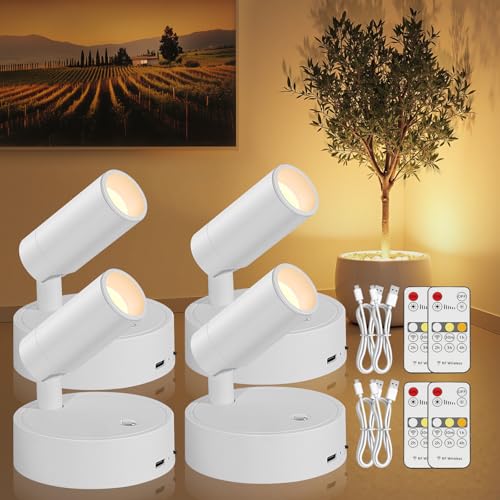 Image of TaoFiaCo Spotlight Indoor, Wireless Battery Operated with Remote,Uplight Indoor Down Light for Picture on Wall, Plant Spotlight Dimmable Timer, Ceiling Lights Painting for Trees Plant, White 4 Pack