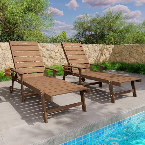 YEFU Lounge Chair Outdoor Set of 2: Outdoor Chaise Lounge with 5-Level Adjustable Backrest Cup Holders & Wheels All-Weather Resistance Chaise Lounge for Outside/Patio/Beach/Deck Teak