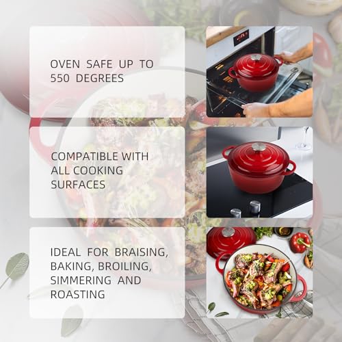 Image of 3 Quart Dutch Oven Enameled Cast Iron with Lid - Big Dual Handles - Oven Safe up to 500F - Classic Round Pot for Versatile Cooking Red
