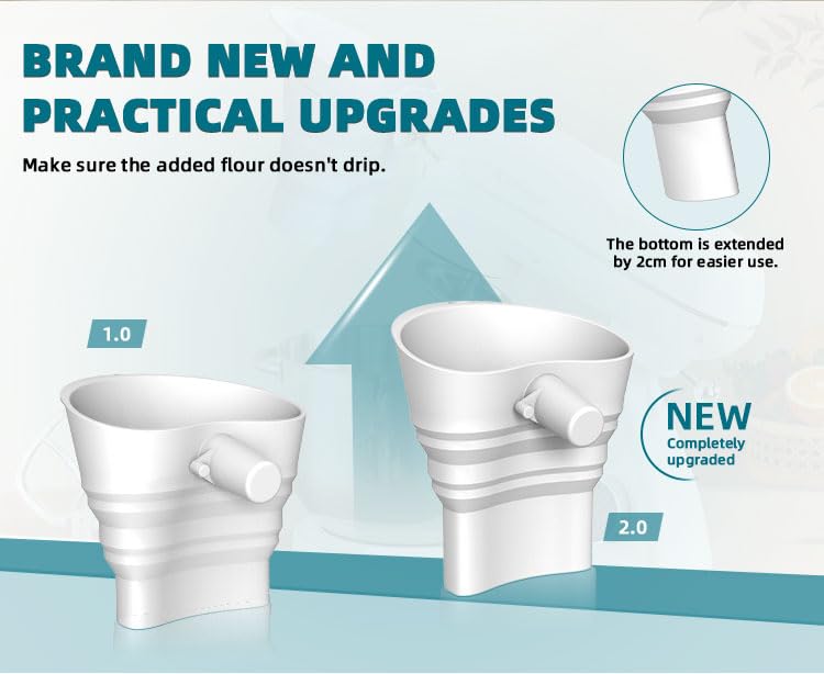 2026 Upgraded Extended KitchenAid Flour Funnel Attachment for Stand Mixer, Add While Mixing Without Stopping, No Flour Explosion, Platinum-Cured Food-Grade Silicone, Foldable, Dishwasher Safe(White)