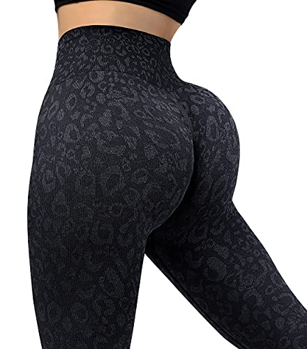 Omkagi Women Scrunch Butt Lifting Leggings Seamless High Waisted Workout Yoga Pants(L,814-Black Leopard) #TOP2