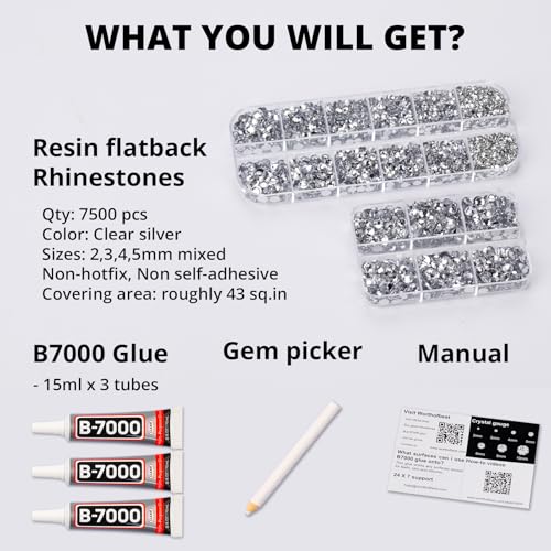 b7000 Glue with 7500Pcs Silver Clear Rhinestones for Crafts Clothes Clothing Fabric, Shiny Flatback Crystals Gems for Crafting Shoes Shirt, Flat Back Diamonds Set Badazzle kit Jewels 2-5mm 4 Sizes Mix