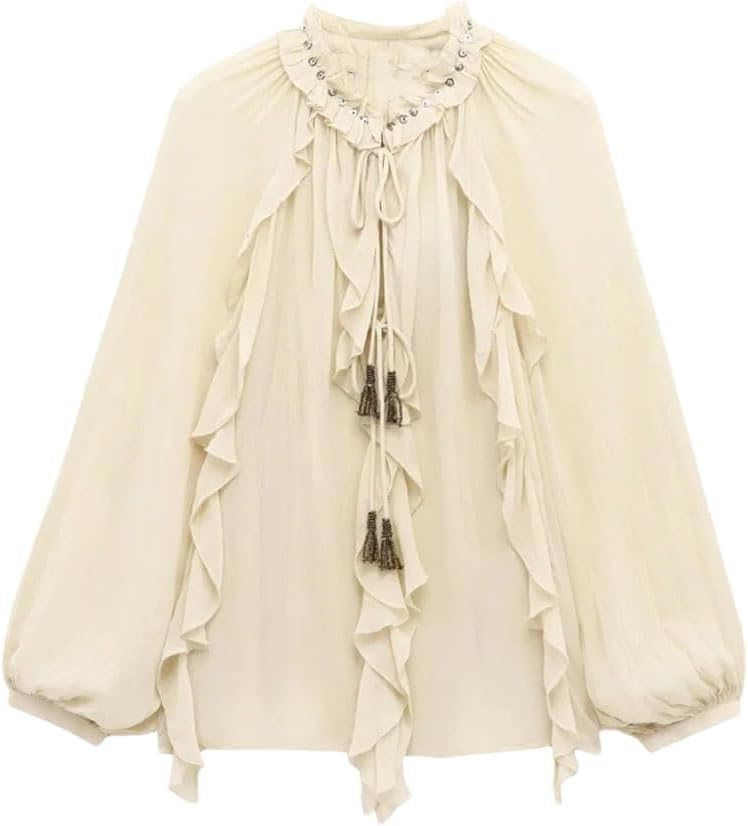 Women's Casual Bow Layered Decorative Long Sleeved Shirt Khaki M(6)