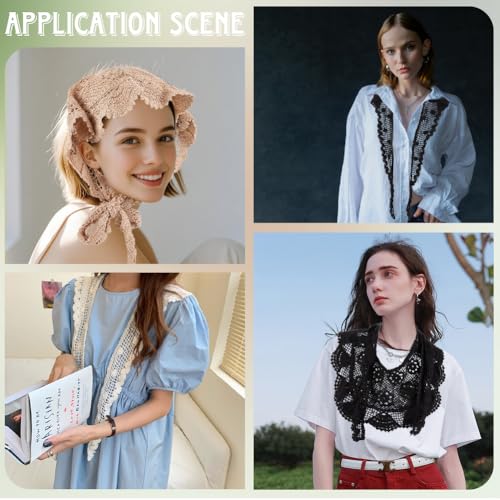 Black Crochet Floral Scarf Knit Bandana Head Kerchief Hair Wraps Vintage Lace Flower Pattern Hollow Out Shawls False Collars Scarves for Women Costume Accessories Hair Styling Decoration4
