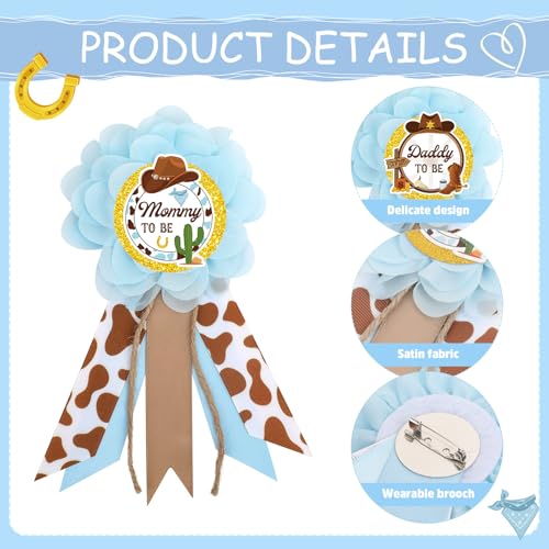 Image of Western Baby Shower Decorations - 3 Pcs A Cowboy Little is on The Way Mom and Dad to Be Sash Badge Pins Sets for Boys Blue Gender Reveal Party Supplies Brown Maternity Corsage Belt Decors