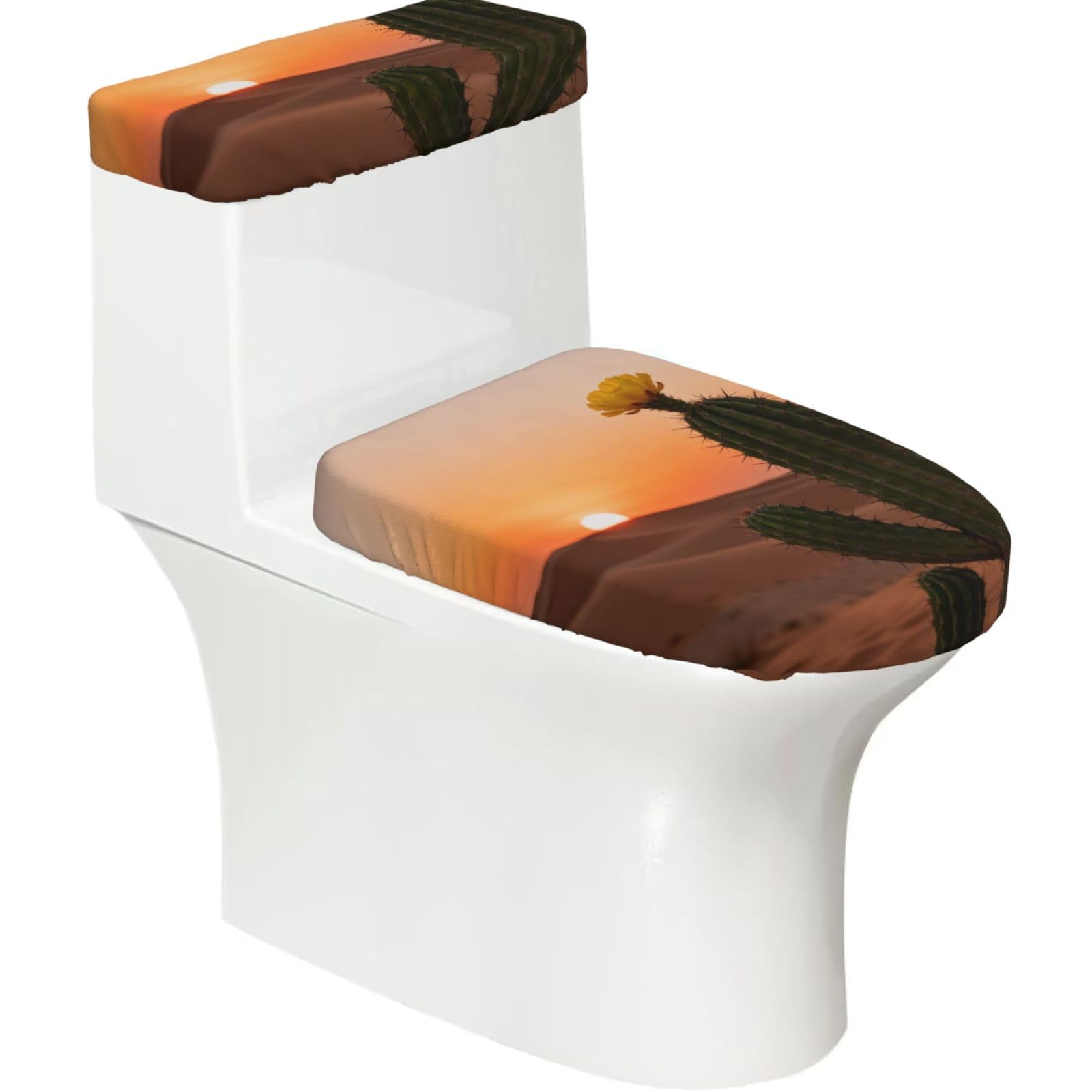 Desert Cactus Bloom Elastic Toilet Cover Set of 2-Stretchy Lid and Tank Covers for Bathroom, Soft Washable U Shape Toilet Decor