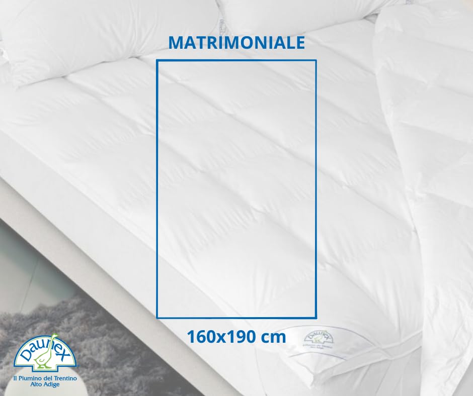 Topper DAUNEX® Copri Materasso in Piumette e Piumino d'Oca Bianco Traspirante Anallergico Made in Italy per Letto Matrimoniale Misura 160x190 Spessore 5 cm Mod. Corvara
