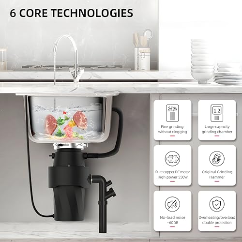 Image of Morrze MFD-1101 Food Waste Disposer 1HP (700W) | Kitchen Sink Garbage Disposal with Stainless Steel Grinding | 3300 RPM, 1350ml Capacity, Low Noise <50dB, Wireless Switch, Anti-Clog System