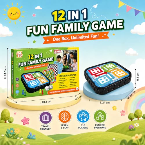 Image of Wishkey 12 in 1 Family Board Games for Kids 5+ Years Travel Board Game Set with Ludo, Snakes & Ladders, Chess, Tic Tac Toe, Housie & 7 More Games Educational Indoor Games for Boys, Girls & Family