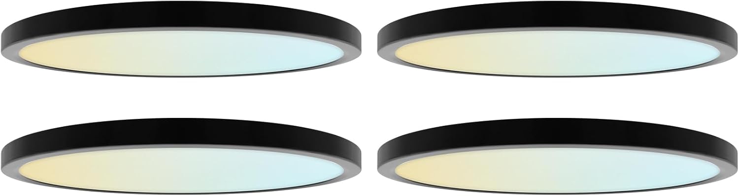 LUXRITE 12 Inch LED Flush Mount Ceiling Light, LED Surface Mount, 5CCT 2700K-5000K, 1650 Lumens, CRI90, 110° Beam Angle, 22 Watt, Dimmable, Wet Rated & UL Listed, Round Slim + Black Trim (4 Pack)